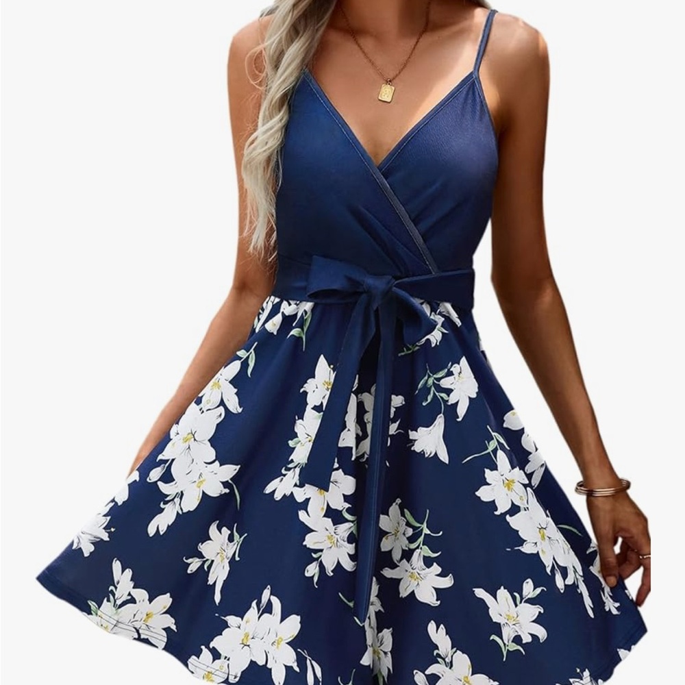 EchoWish Navy Blue Floral Mini Dress